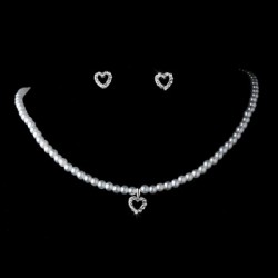 Heart Silver White Pearl Necklace & Earring Set