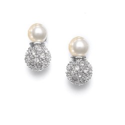  Ivory Pearl Bridal Earrings with Pave CZ Balls