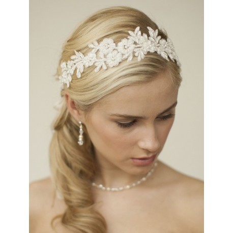 vory Lace Applique Garden Wedding Headband with Meticulous Edging