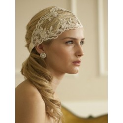  Ivory Split Lace Ribbon Wedding Headband with French Netting