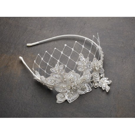  Luxurious Crystal Embellished Lace Wedding Headband with Wide Netting