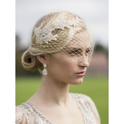 Metallic Gold French Netting Bandeau Bridal Veil with Champagne Lace Appliques