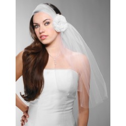 Headband-Style White Tulle Bridal Veil with Organza Flower & Crystal