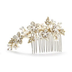 Brushed Gold and Ivory Pearl Wedding Comb