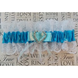 Blue Satin Lace Garter Heart Rhinestone