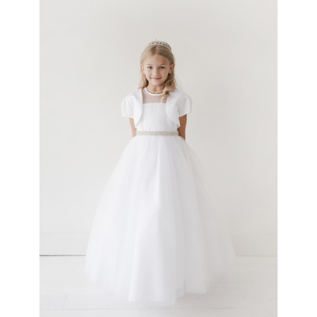 Long Illusion Sleeveless Satin Tulle First Communion Dress