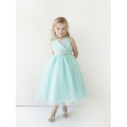 Shimmering V-Neck Tulle Dress with Rhinestone Sash