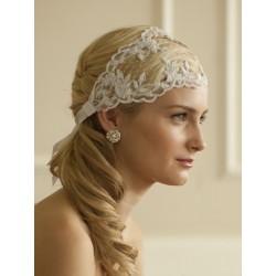 Split Lace Ribbon Wedding Headband with French Netting