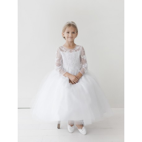 Long Sleeve Lace Key Hole Back First Communion Dress