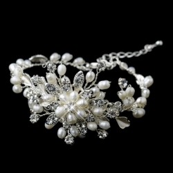 Silver Freshwater Pearl & Rhinestone Floral Bracelet