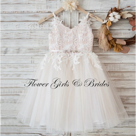 Lace Spaghetti Straps Flower Girl Dresses with belt