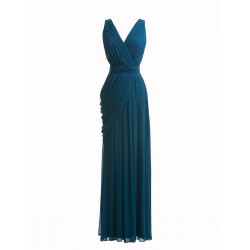 V-neck Pleated Chiffon Draped Bridesmaid Dress