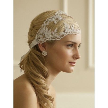 Split Lace Ribbon Wedding Headband with French Netting
