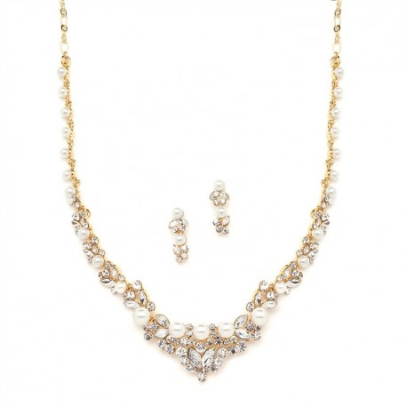Elegant Gold Wedding Necklace Set with Crystals & Pearl Cluster