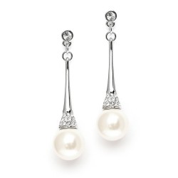 Pearl & Cubic Zirconia Bridal Earrings on Polished Silver Dangle