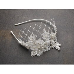  Luxurious Crystal Embellished Lace Wedding Headband with Wide Netting