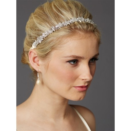 Slender Bridal Headband with Hand-wired Crystal Clusters and Ivory Ribbons