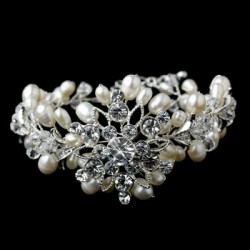 Silver Freshwater Pearl & Rhinestone Floral Bracelet 