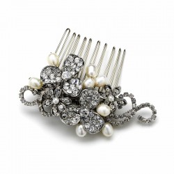 Antique Silver Flower Bridal Hair Comb with Pearl & Rhinestone Accents 