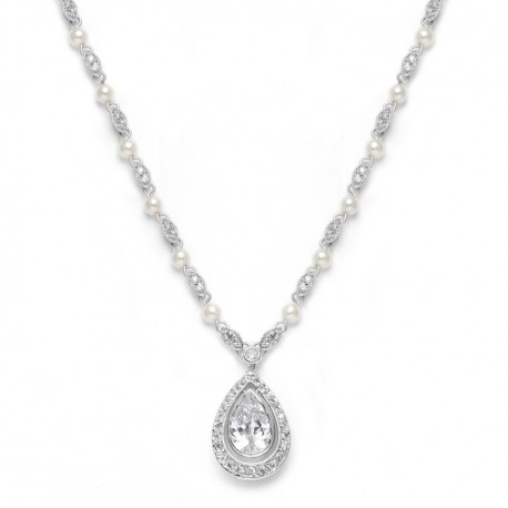 Victorian Bridal Necklace with Pearls & Cubic Zirconia Teardrop