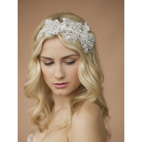  Sculptured White Lace Wedding Headband with Crystals & Beads
