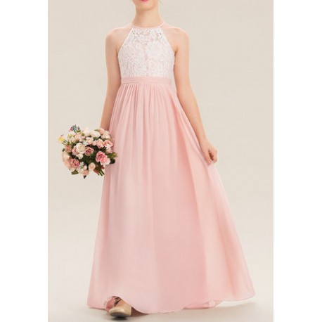 Halter Neck Full Length Lace Chiffon Junior Bridemaid Dress