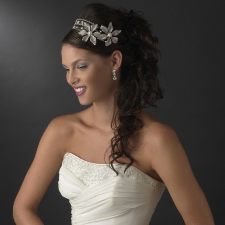 Antique Silver Side Accented Floral & Pearl Bridal Headpiece