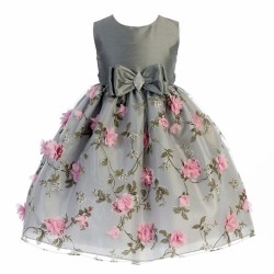 Silver Pink Organza Flower Girl Dress