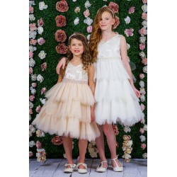 Rose Brocade Tulle Tiered Flower Girl Dress