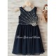 Navy Beaded Chiffon Flower Girl Dress