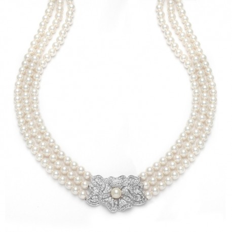 3-Row Pearl & Cubic Zirconia Vintage Bridal Necklace