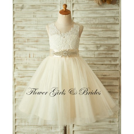 Lace Tulle Aline knee length flowergirl Dress