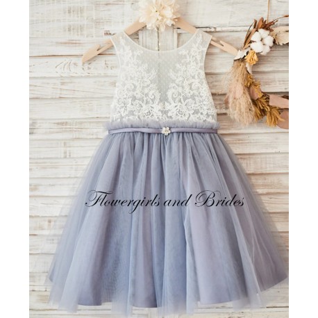 Key Hole Dotted Sheer Lace Appliques Flower Girl Dress