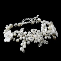 Silver Clear Rhinestone & Freshwater Pearl Flower Bracelet 