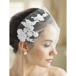 White Tulle Bandeau Wedding Veil with Beaded Lace Applique