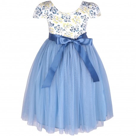 Smokey Blue Cap Sleeves Floral Tutu Flower Girl Dress