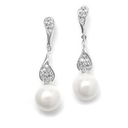 Curved CZ Pave Dangle Earrings with Pearl