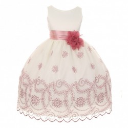 size 8 Ivory Dusty Rose Satin Embroidery Flower Girl Dress