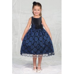 size 10 Black/Royal Blue Satin Floral Lace Flower Girl Dress