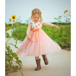 Peach Cap Sleeves Floral Tulle Tutu Flower Girl Dress