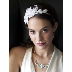Luxurious White Lace Applique Wedding Ribbon Headband with Georgette Flowers
