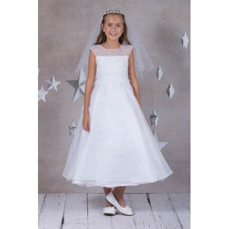 Pearl Trim Satin Organza First Communion Dress