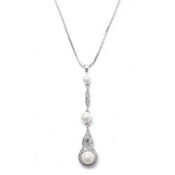 Braided CZ Pave Dangle Necklace with Pearl